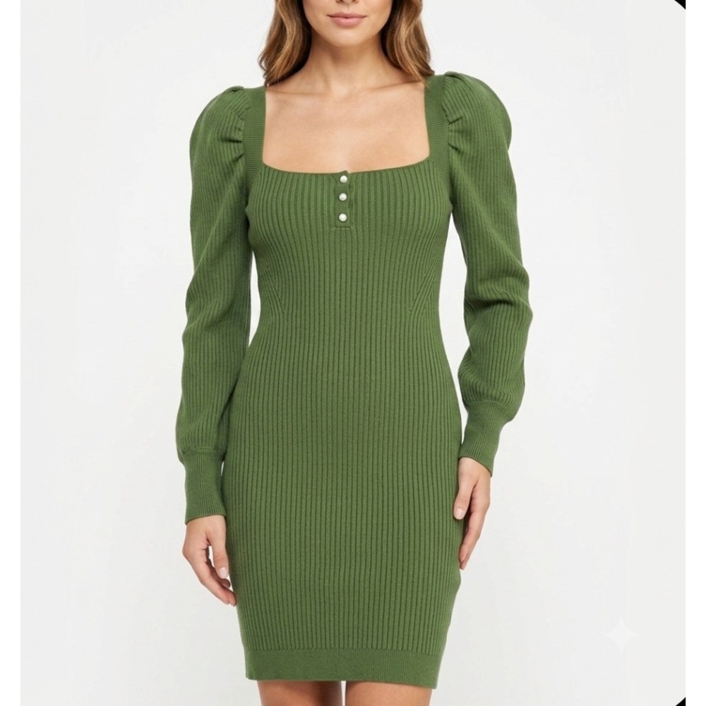 Leyden Ribbed Knit Dress Women XS Olive Green Puff Sleeve Open Back Bodycon Mini